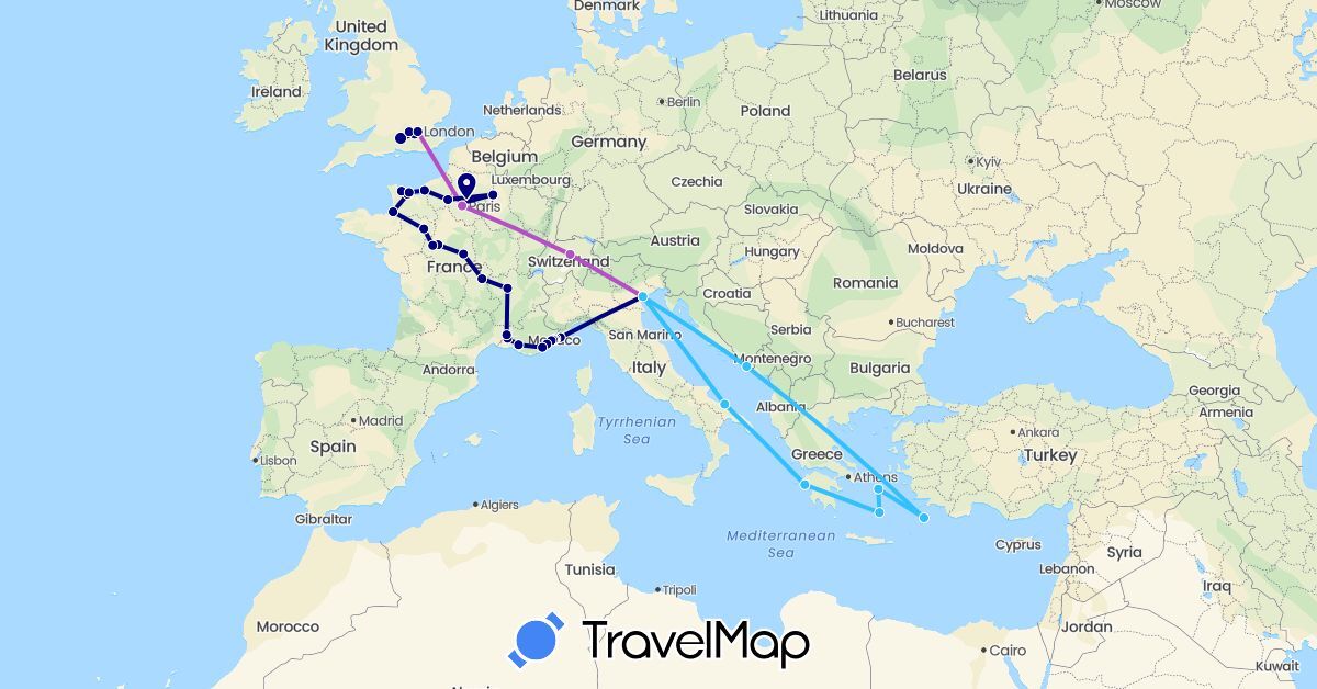 TravelMap itinerary: driving, train, boat in Switzerland, France, United Kingdom, Greece, Croatia, Italy, Monaco (Europe)